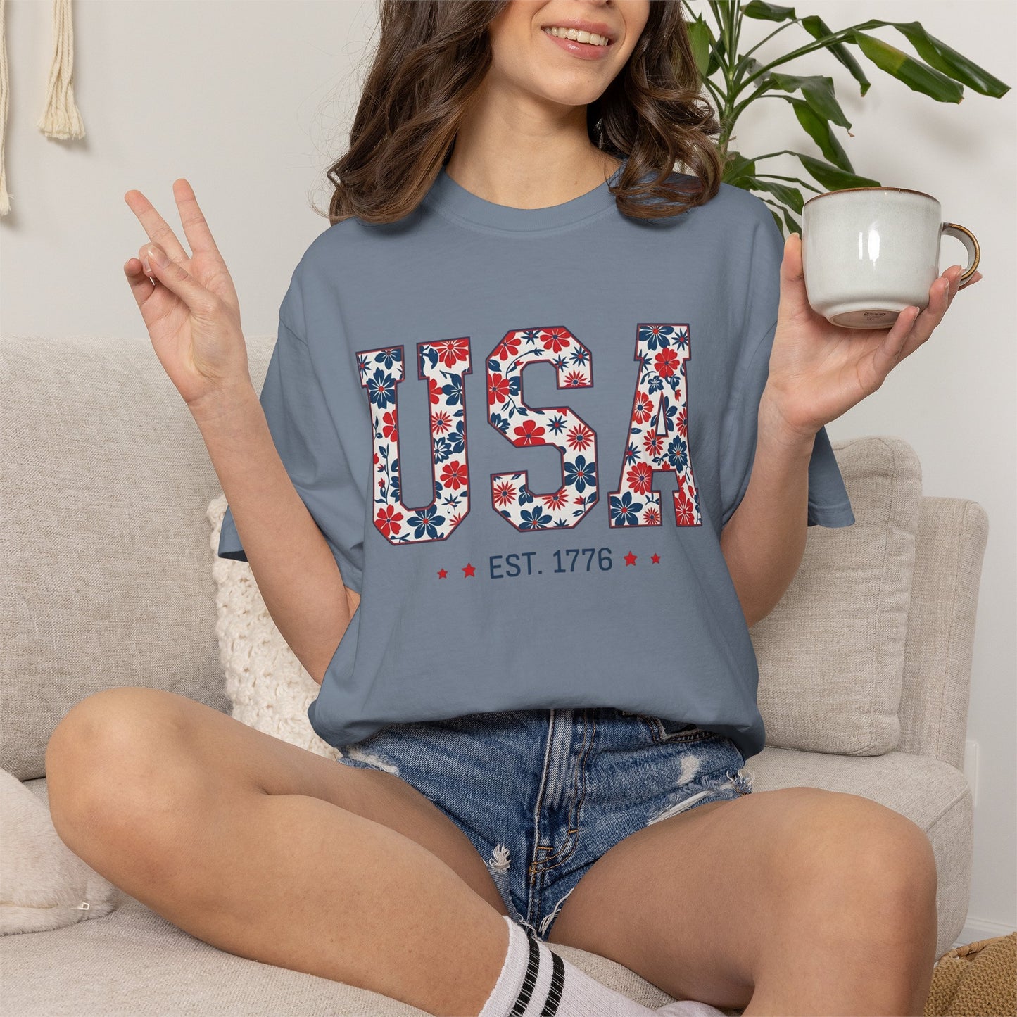 USA Floral T-Shirt — American Flag Flower Graphic Tee
