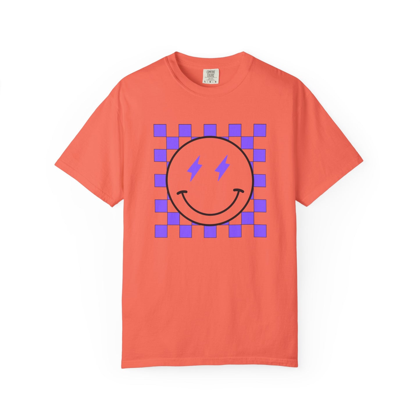 Checkered Smiley-Purple Tee, Casual Everyday Wear, Fun Summer Top