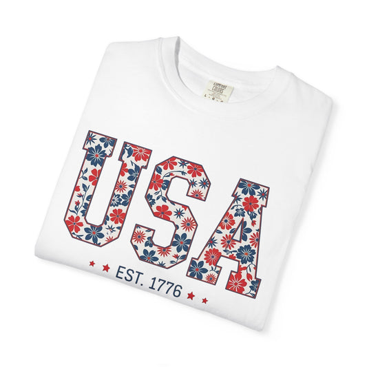 USA Floral T-Shirt — American Flag Flower Graphic Tee