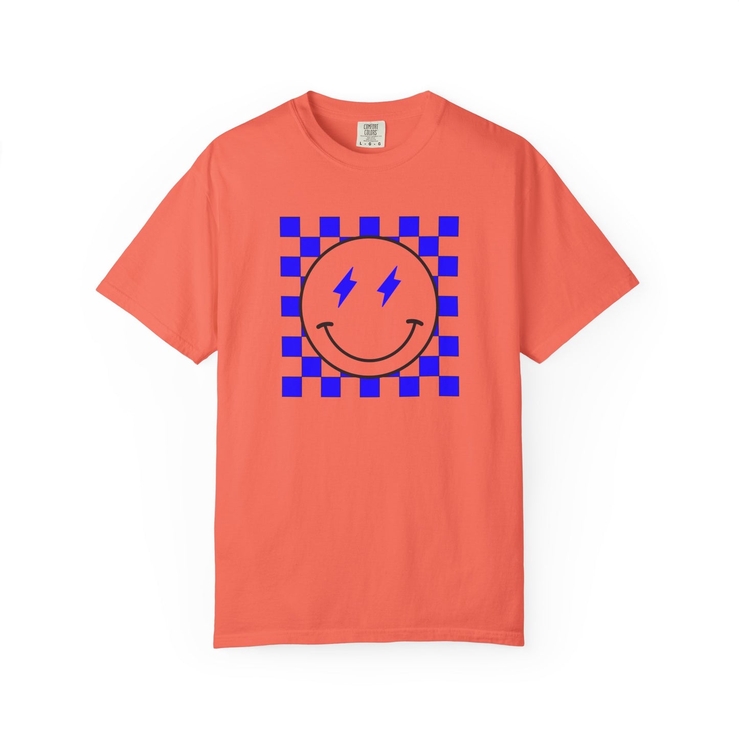 Checkered smiley-Blue Tee, Casual Everyday Wear, Fun Summer Top