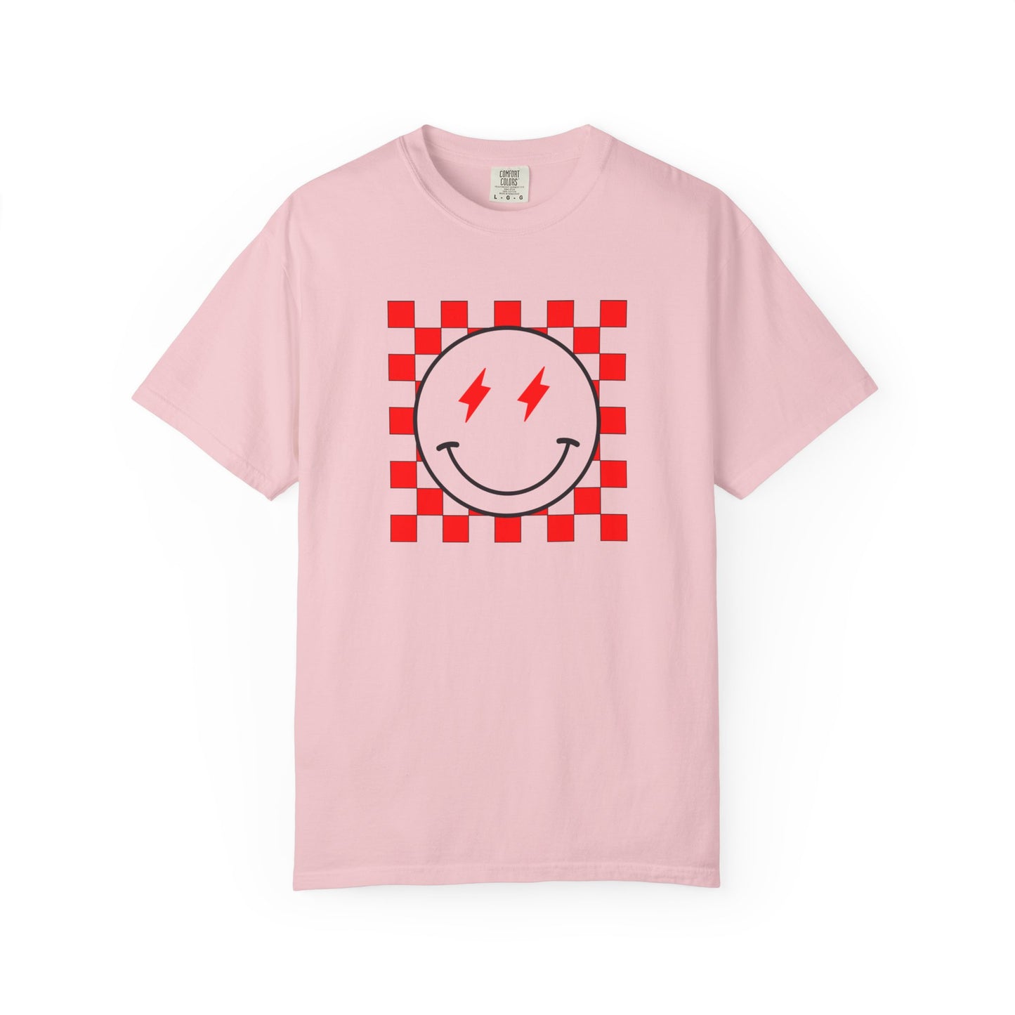 Checkered Smiley-Red Tee, Casual Everyday Wear, Fun Summer Top