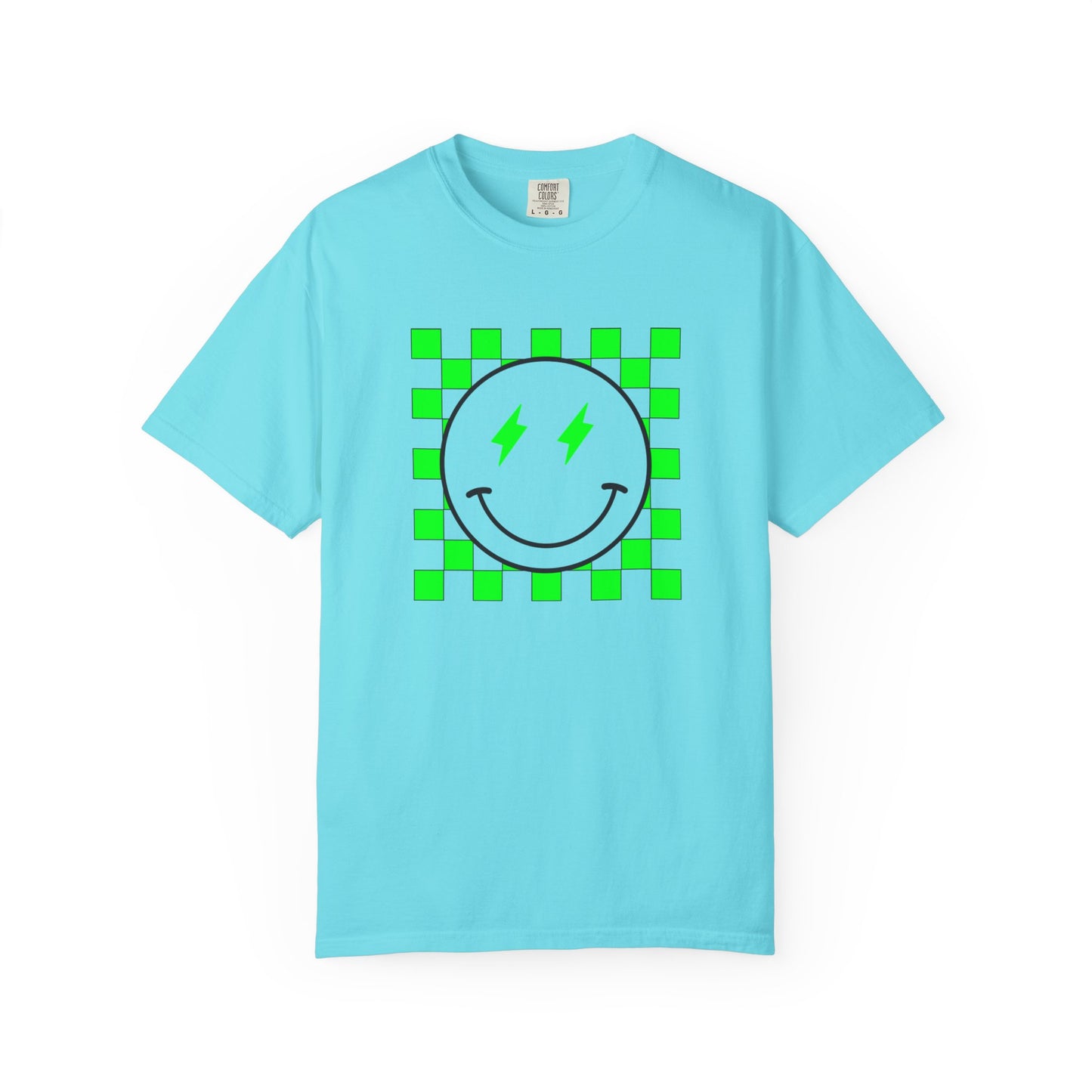 Checkered Smiley-Green Tee, Casual Everyday Wear, Fun Summer Top