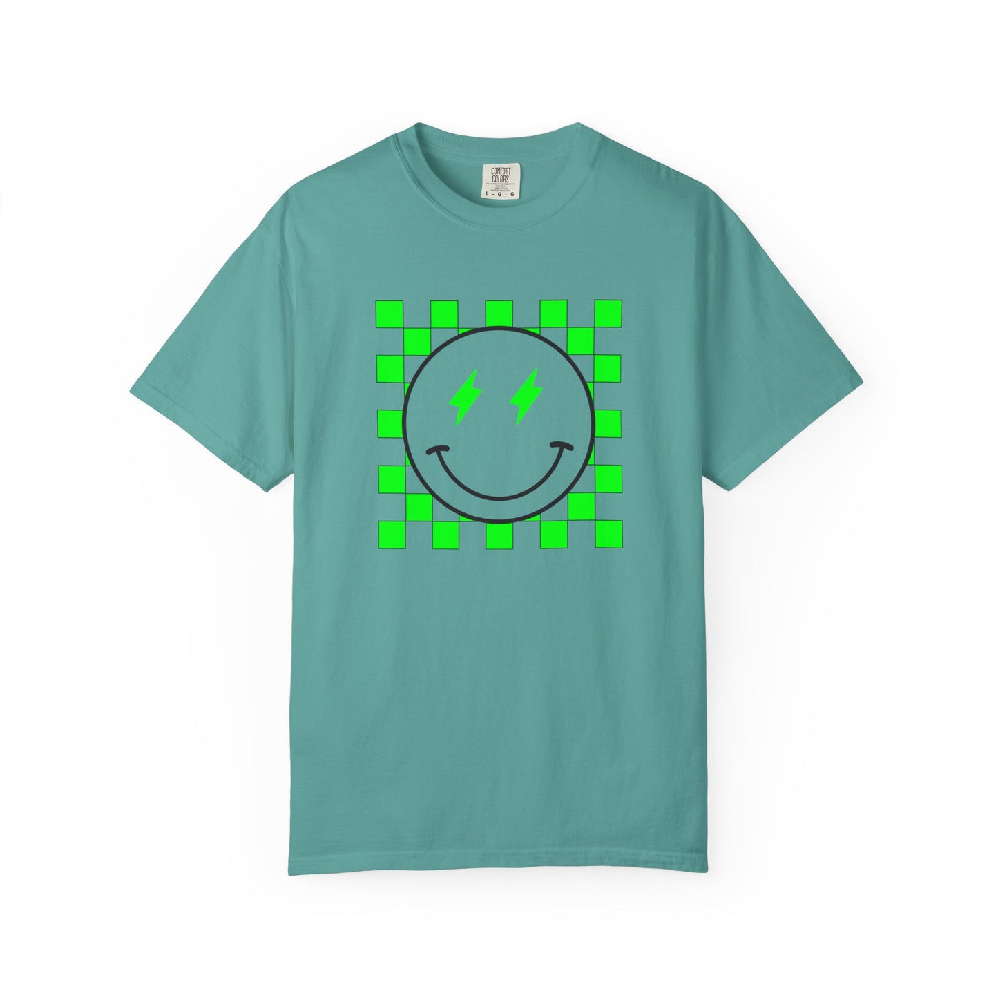 Checkered Smiley-Green Tee, Casual Everyday Wear, Fun Summer Top