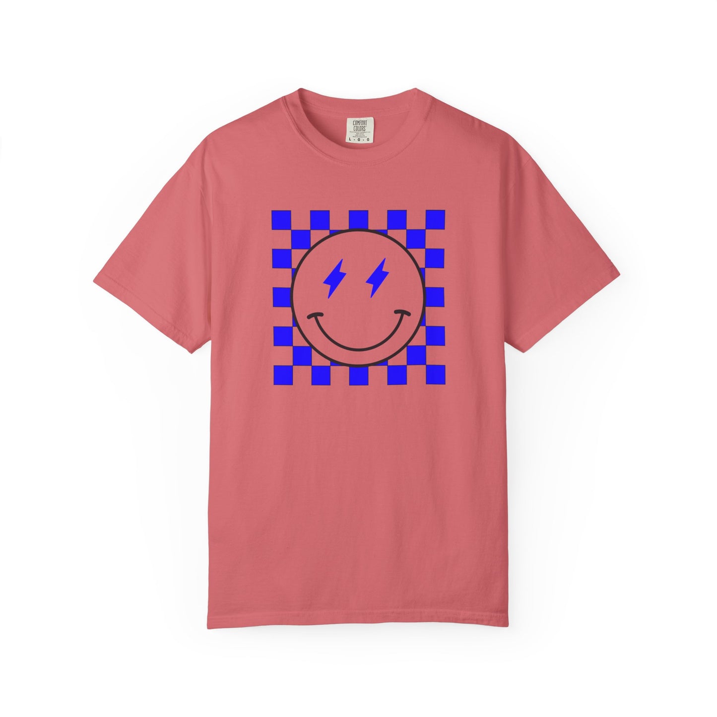 Checkered smiley-Blue Tee, Casual Everyday Wear, Fun Summer Top