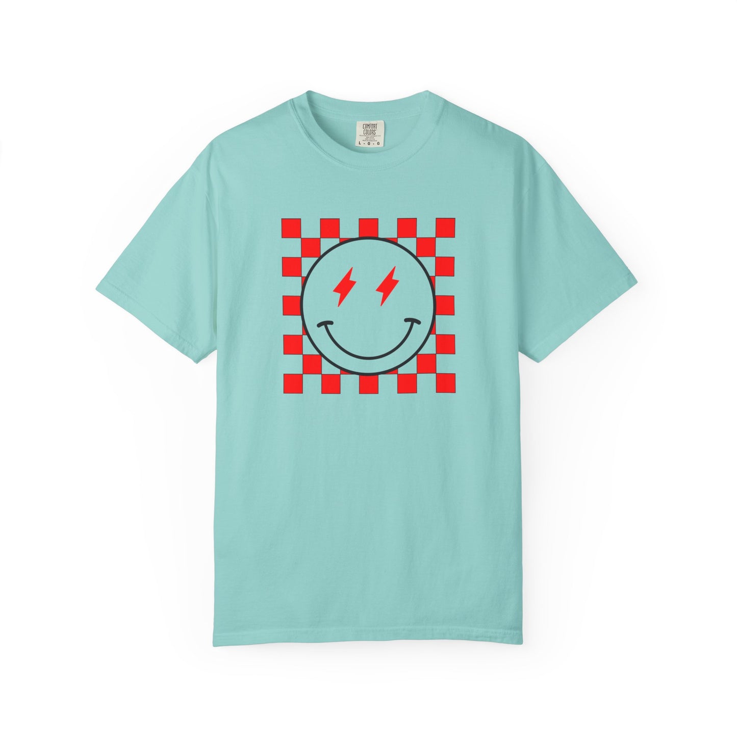 Checkered Smiley-Red Tee, Casual Everyday Wear, Fun Summer Top