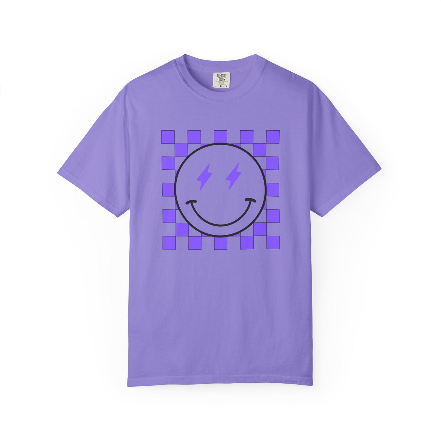 Checkered Smiley-Purple Tee, Casual Everyday Wear, Fun Summer Top