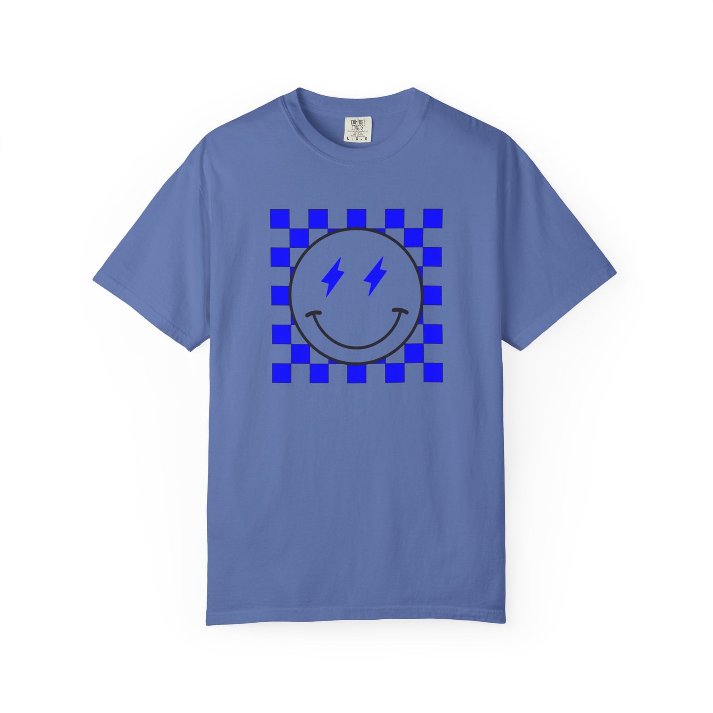 Checkered smiley-Blue Tee, Casual Everyday Wear, Fun Summer Top