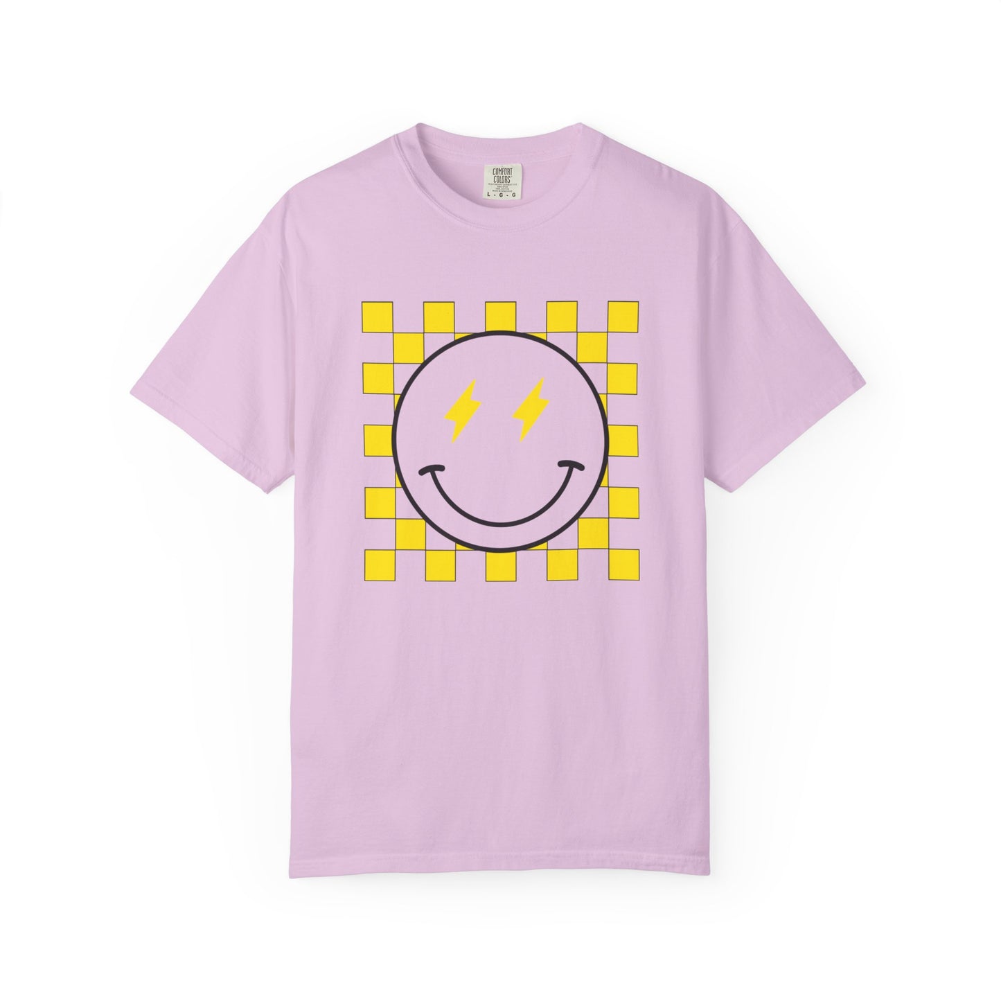 Checkered smiley Yellow Tee, Casual Everyday Wear, Fun Summer Top