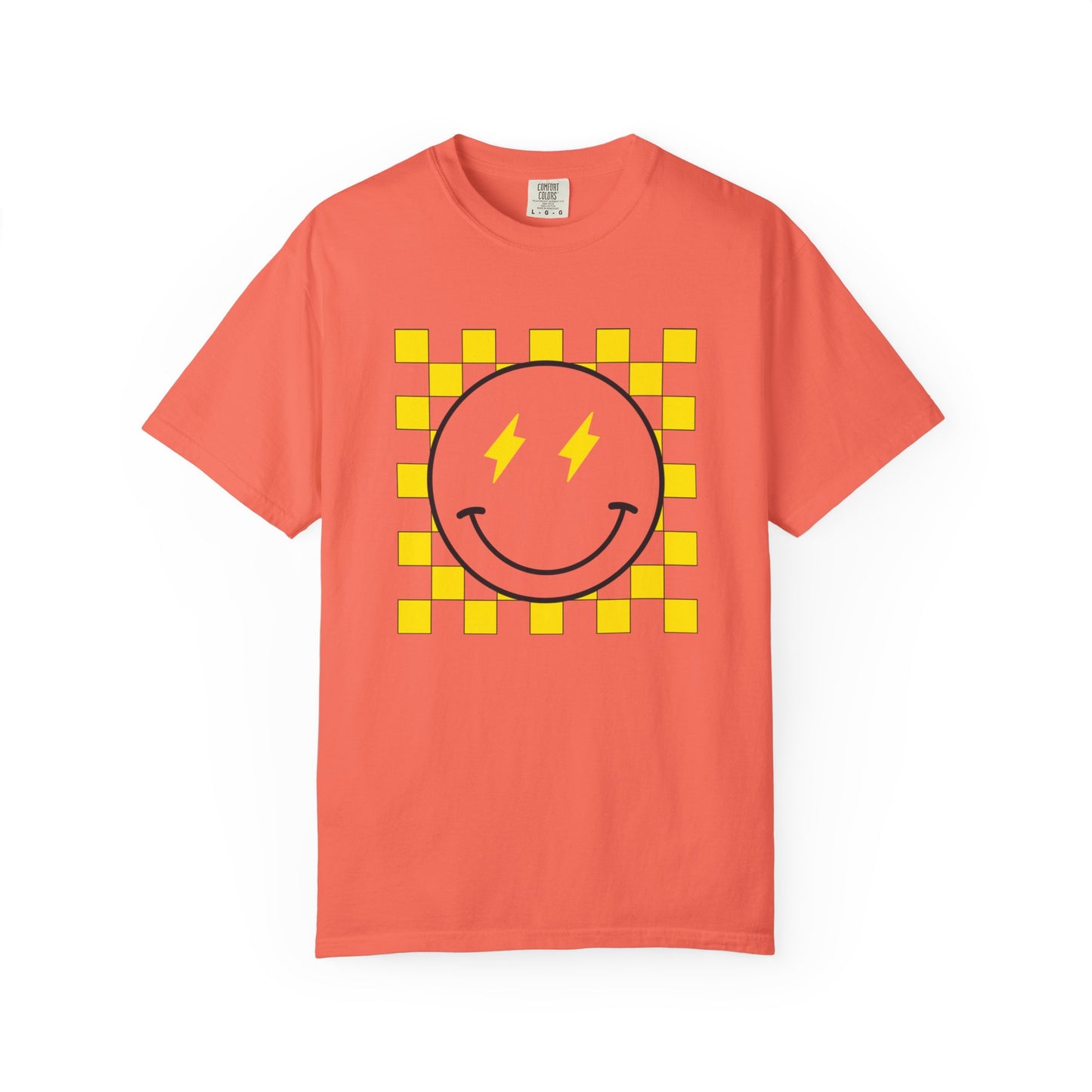 Checkered smiley Yellow Tee, Casual Everyday Wear, Fun Summer Top