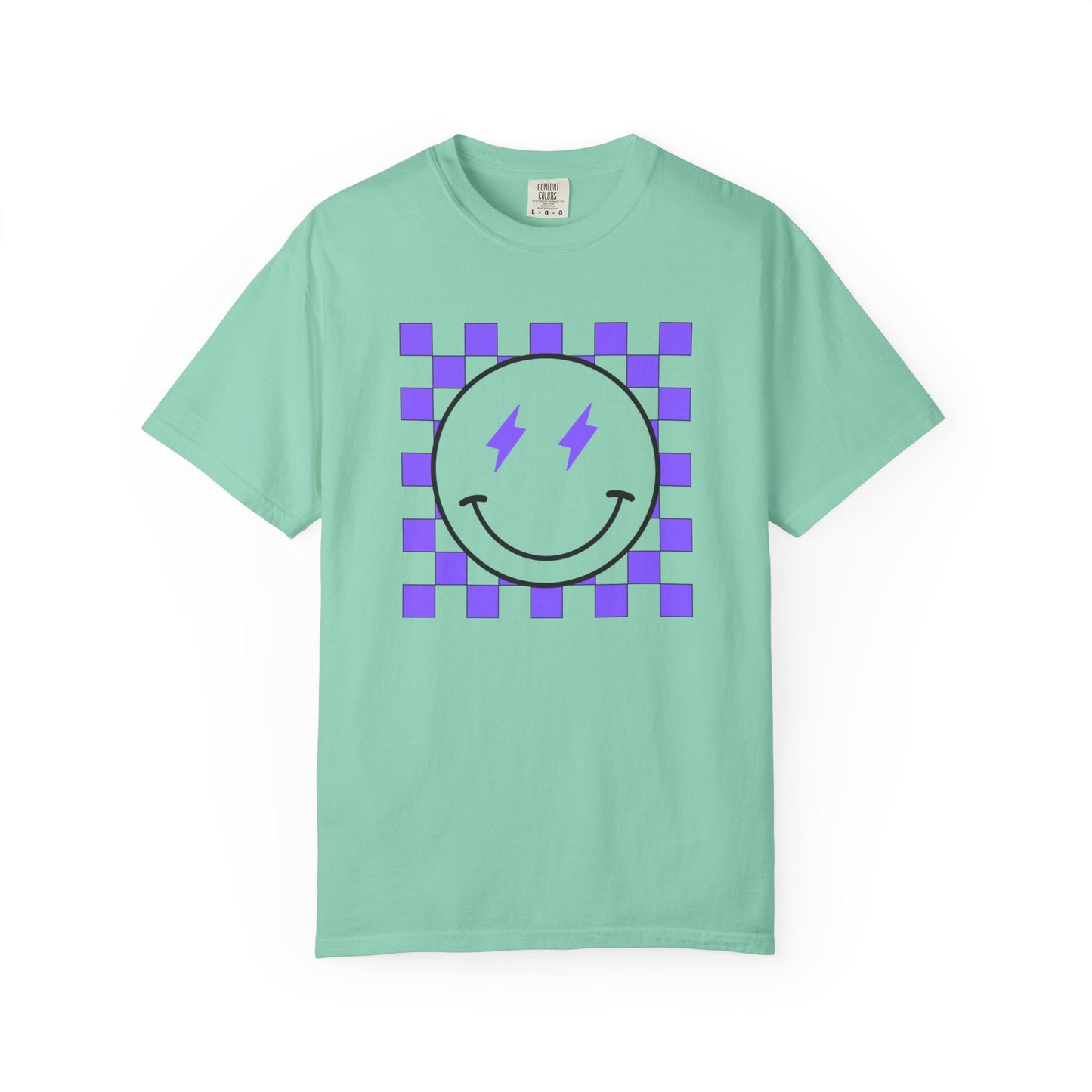 Checkered Smiley-Purple Tee, Casual Everyday Wear, Fun Summer Top