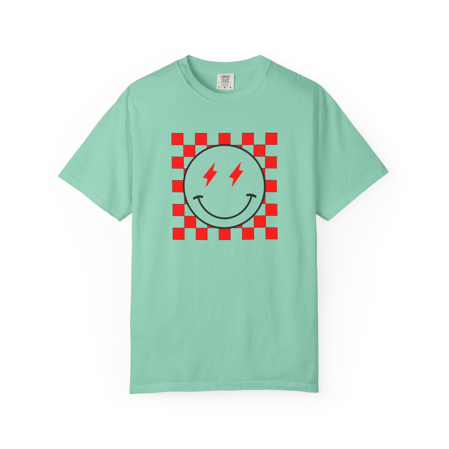 Checkered Smiley-Red Tee, Casual Everyday Wear, Fun Summer Top