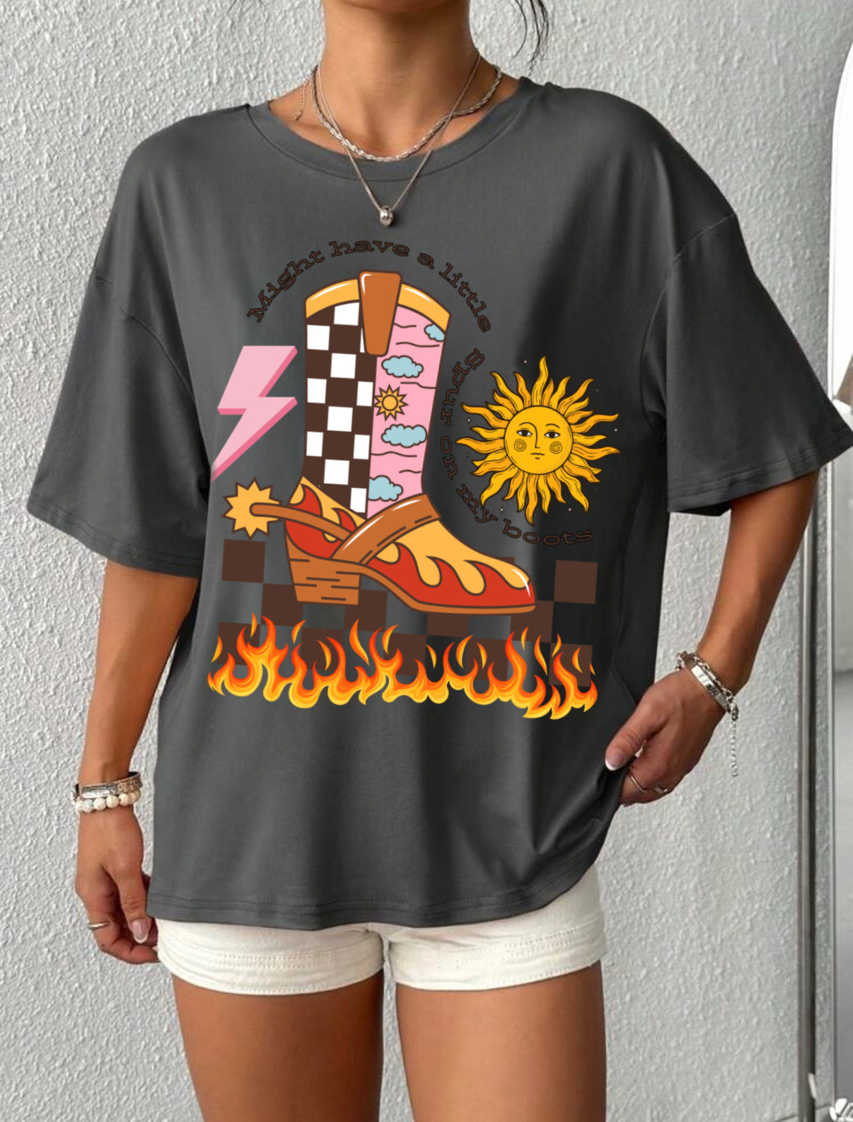 Might have a little SPUR on my boots Tee, Casual Everyday Wear, Fun Summer Top, Turquoise, Turquoise Jewelry, Western