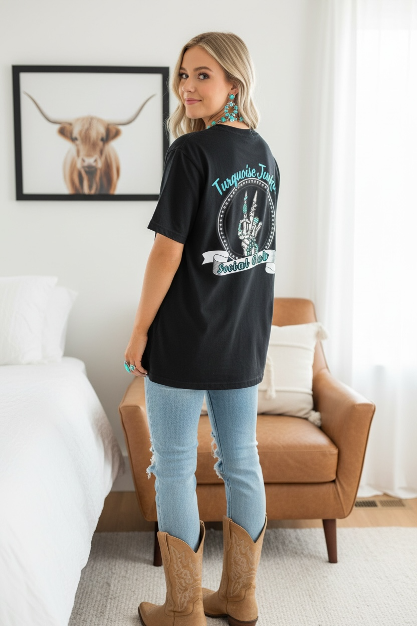 Turquoise Junkie Social Club Tee, Casual Everyday Wear, Fun Summer Top, Turquoise, Turquoise Jewelry, Western