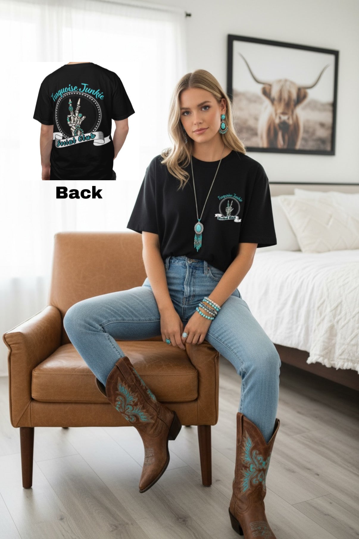 Turquoise Junkie Social Club Tee, Casual Everyday Wear, Fun Summer Top, Turquoise, Turquoise Jewelry, Western