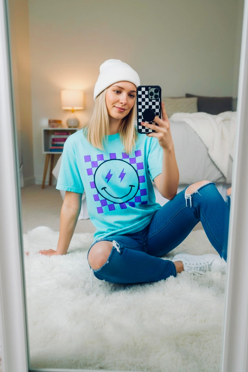 Checkered Smiley-Purple Tee, Casual Everyday Wear, Fun Summer Top