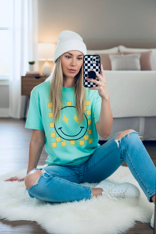 Checkered smiley Yellow Tee, Casual Everyday Wear, Fun Summer Top