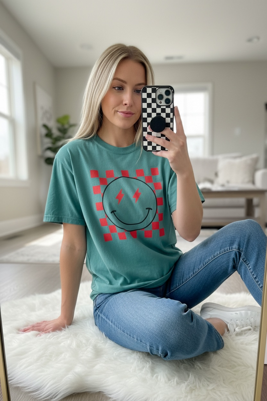 Checkered Smiley-Red Tee, Casual Everyday Wear, Fun Summer Top