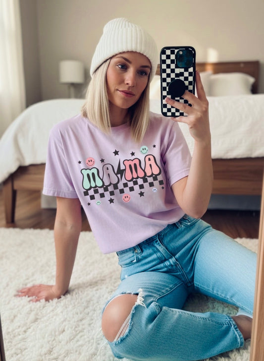 Retro Checkered “mama” Graphic Tee | Unisex Garment-Dyed T-Shirt, Retro Style Tee, Casual Everyday Wear, Fun Summer Top