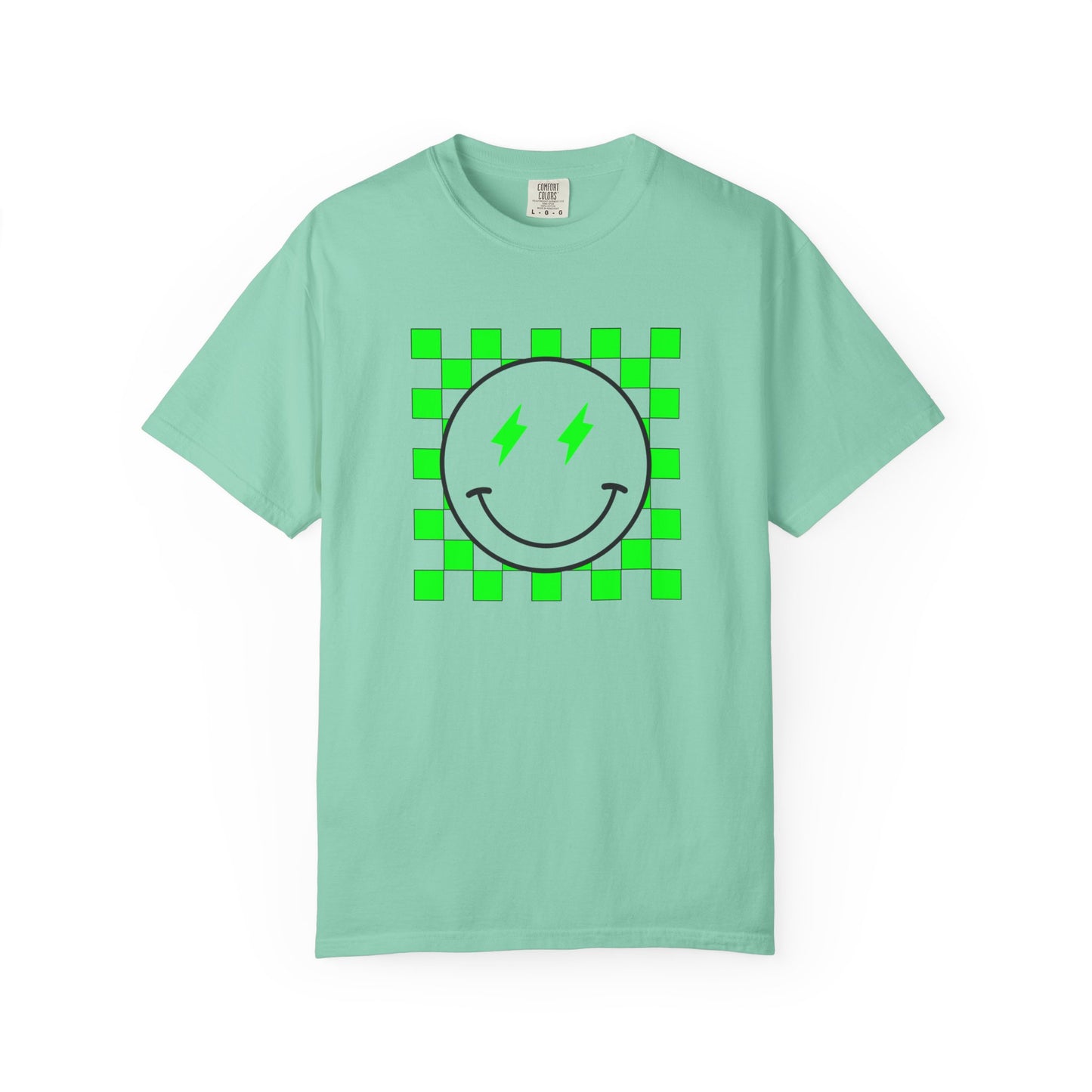 Checkered Smiley-Green Tee, Casual Everyday Wear, Fun Summer Top