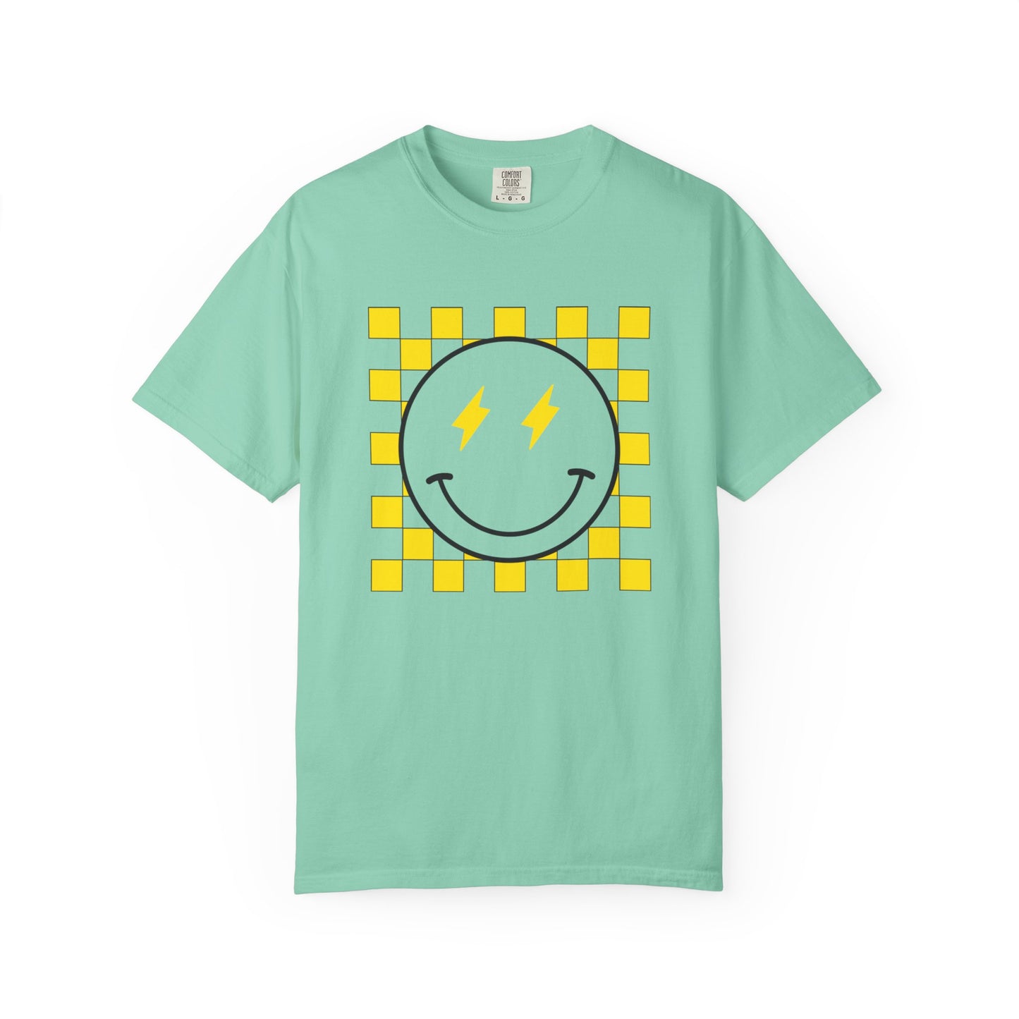 Checkered smiley Yellow Tee, Casual Everyday Wear, Fun Summer Top
