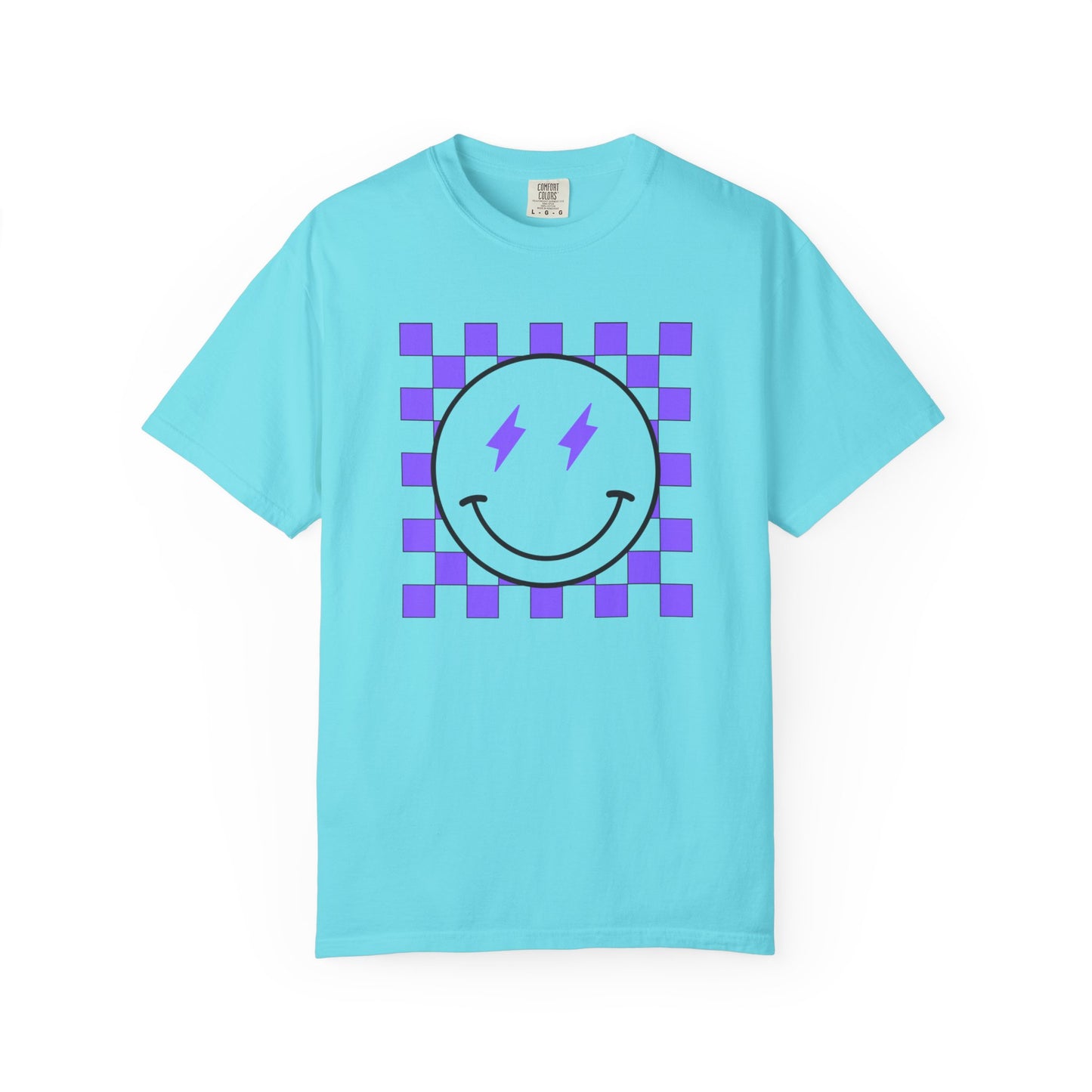 Checkered Smiley-Purple Tee, Casual Everyday Wear, Fun Summer Top