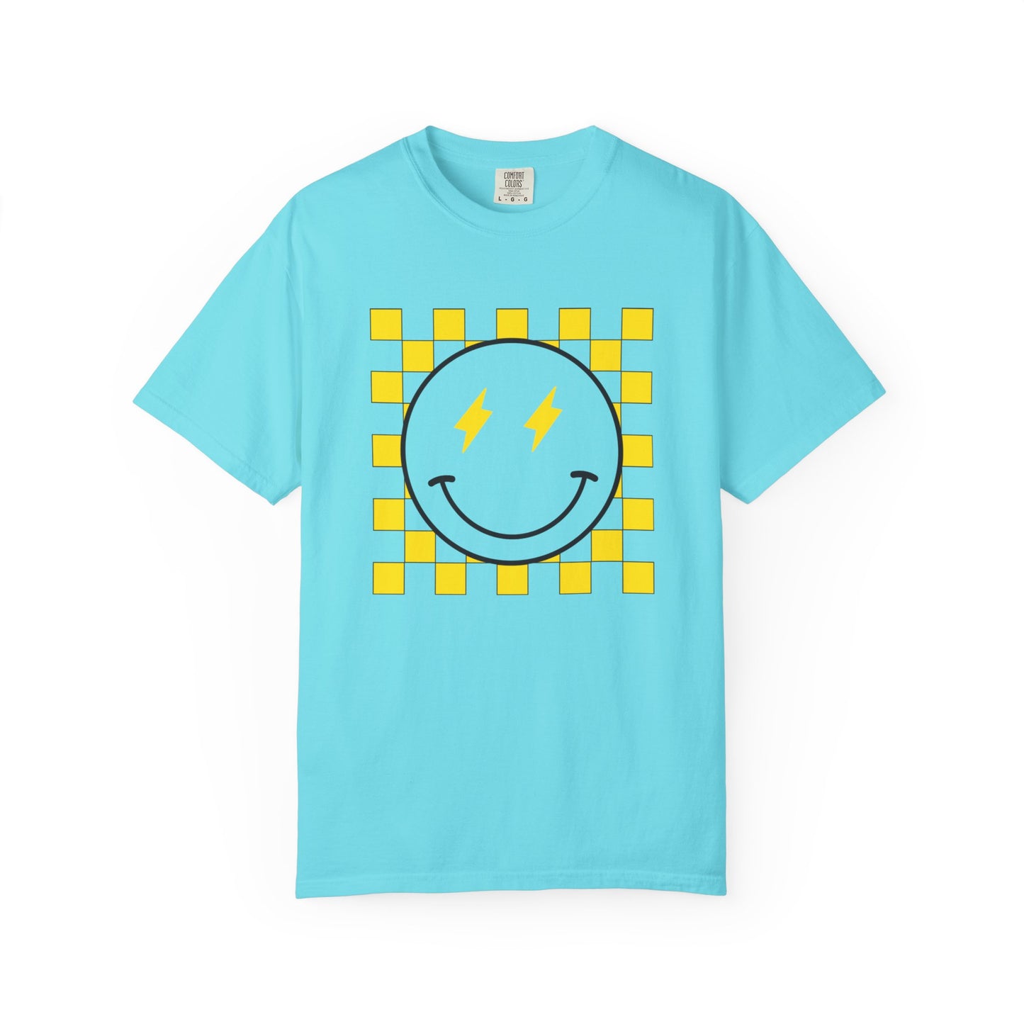 Checkered smiley Yellow Tee, Casual Everyday Wear, Fun Summer Top