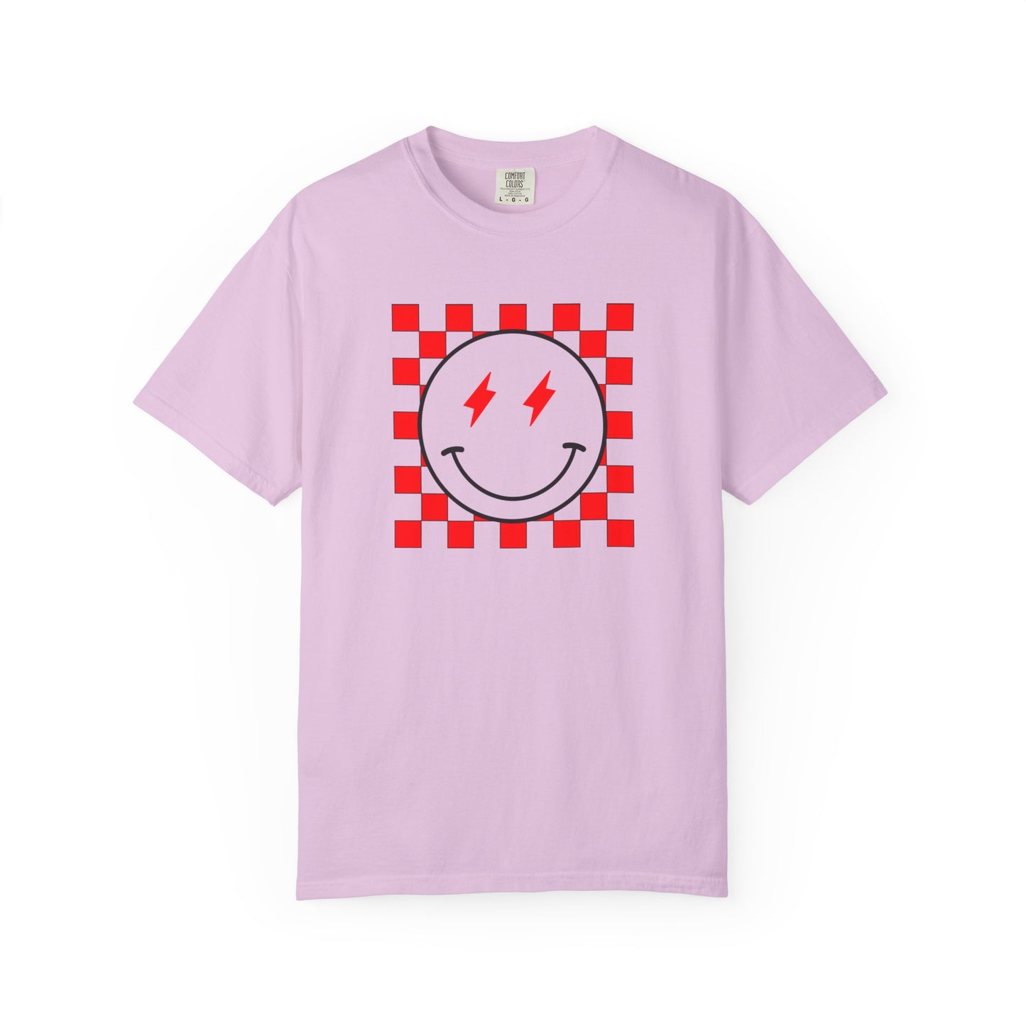 Checkered Smiley-Red Tee, Casual Everyday Wear, Fun Summer Top