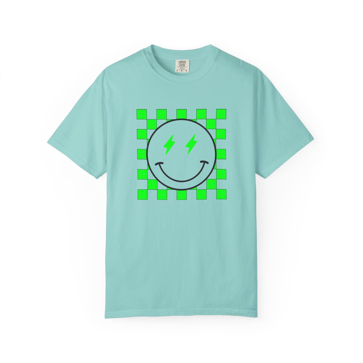 Checkered Smiley-Green Tee, Casual Everyday Wear, Fun Summer Top