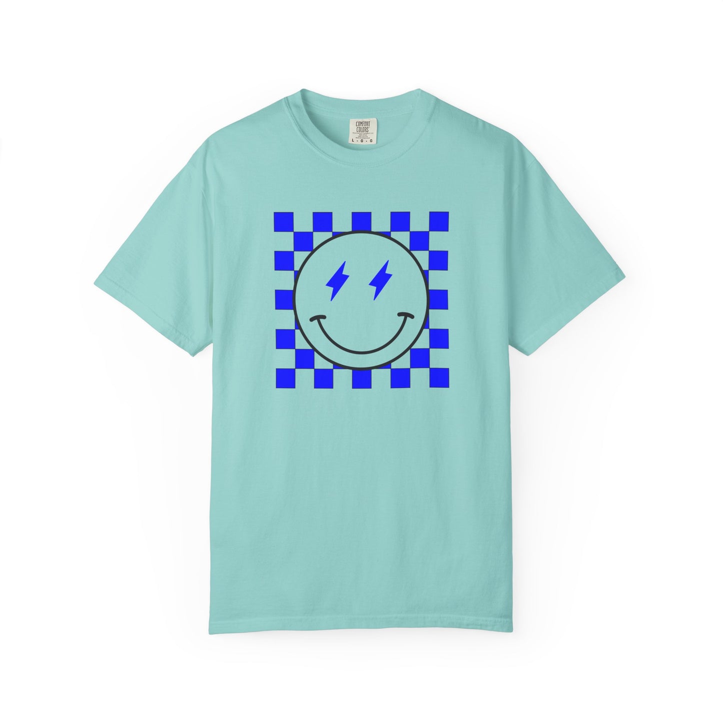 Checkered smiley-Blue Tee, Casual Everyday Wear, Fun Summer Top