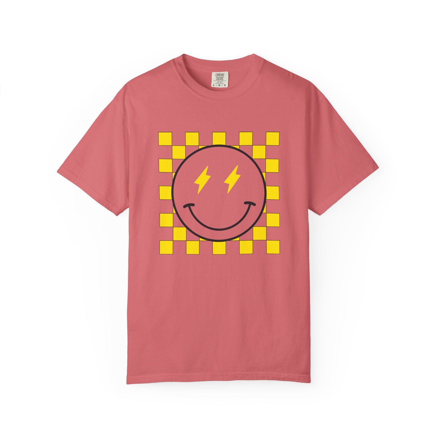 Checkered smiley Yellow Tee, Casual Everyday Wear, Fun Summer Top