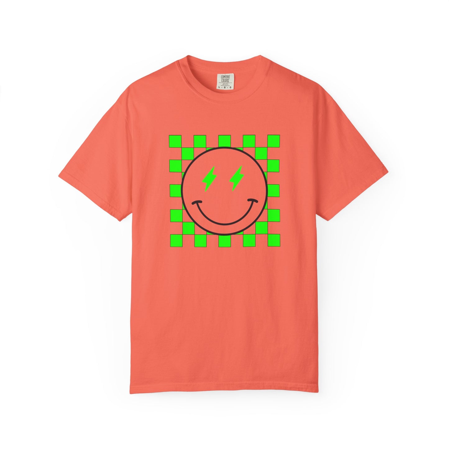 Checkered Smiley-Green Tee, Casual Everyday Wear, Fun Summer Top