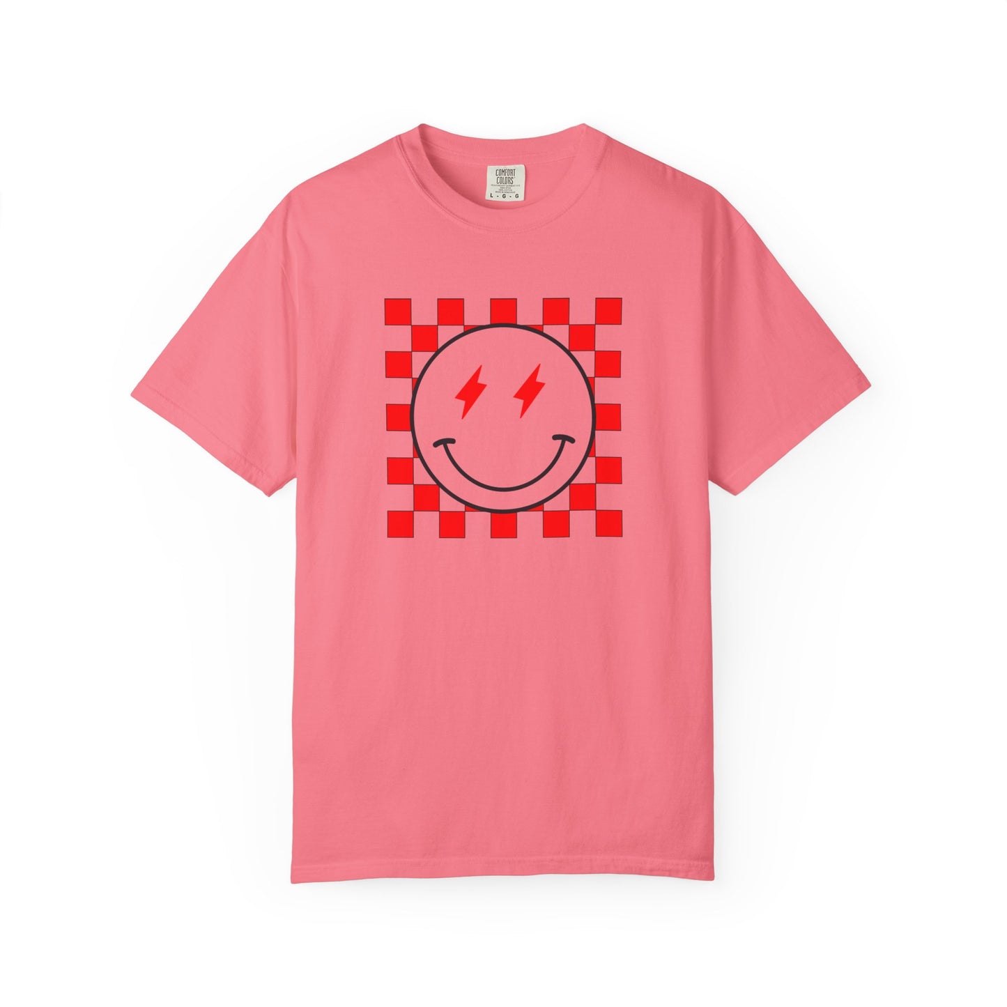 Checkered Smiley-Red Tee, Casual Everyday Wear, Fun Summer Top
