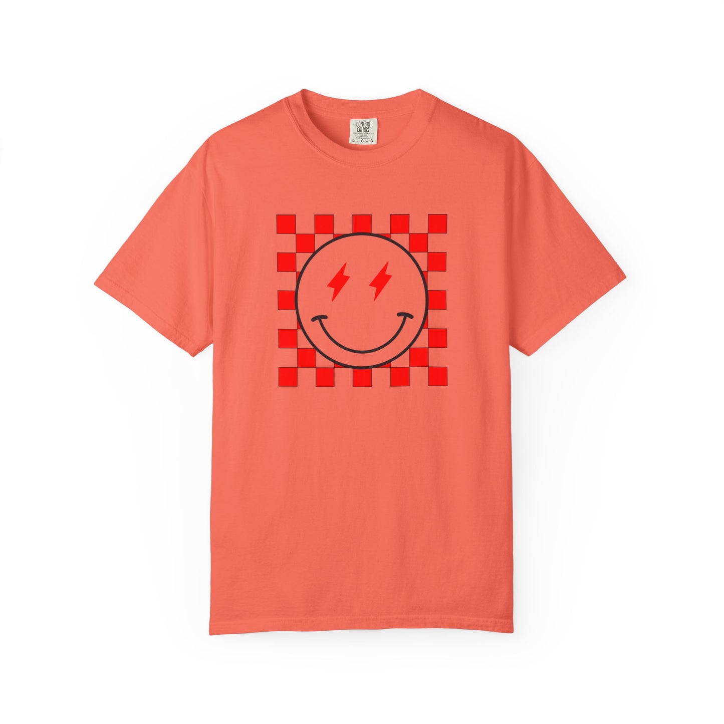Checkered Smiley-Red Tee, Casual Everyday Wear, Fun Summer Top