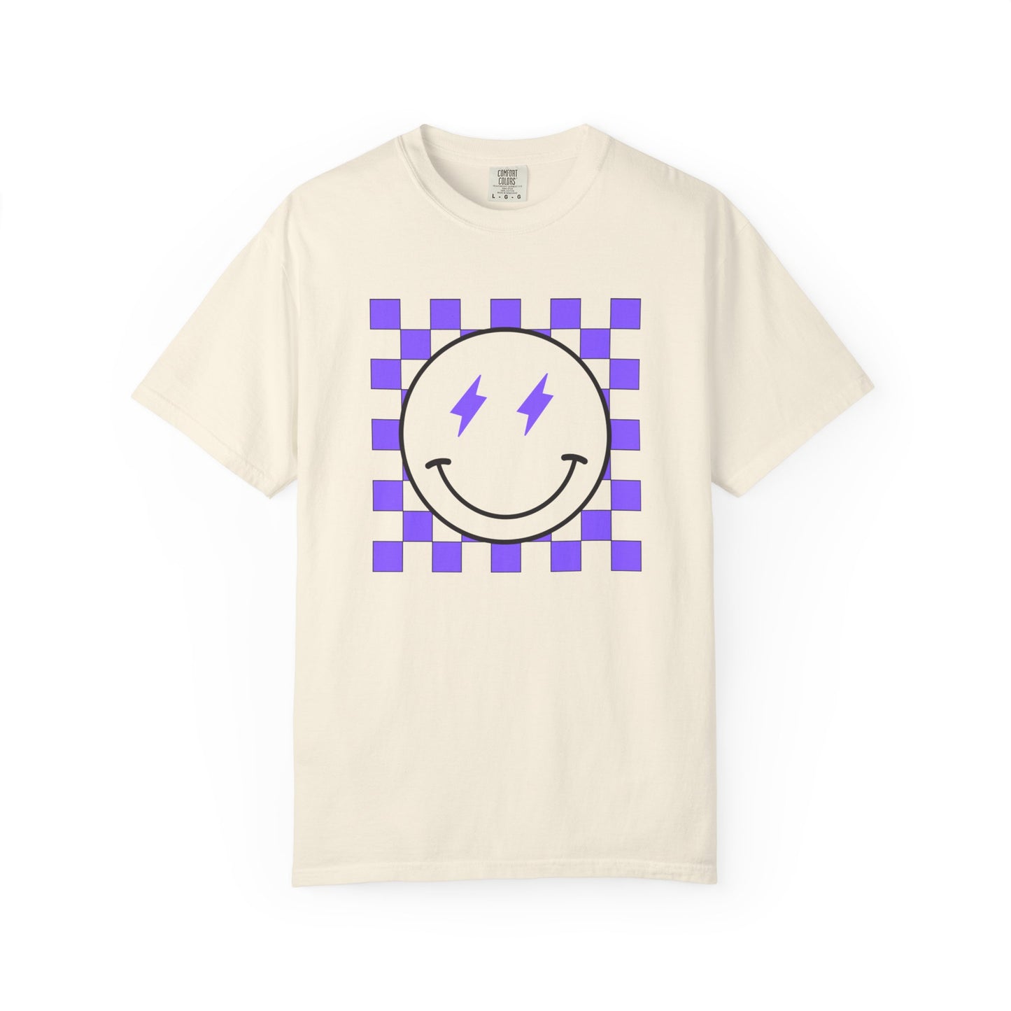 Checkered Smiley-Purple Tee, Casual Everyday Wear, Fun Summer Top