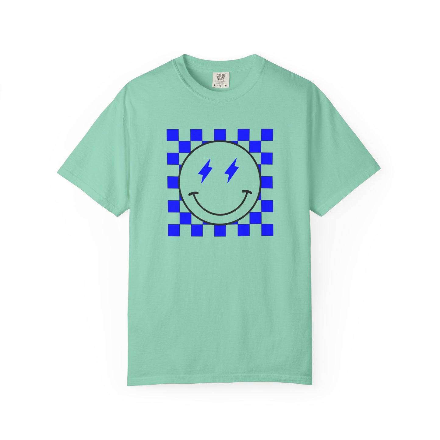 Checkered smiley-Blue Tee, Casual Everyday Wear, Fun Summer Top