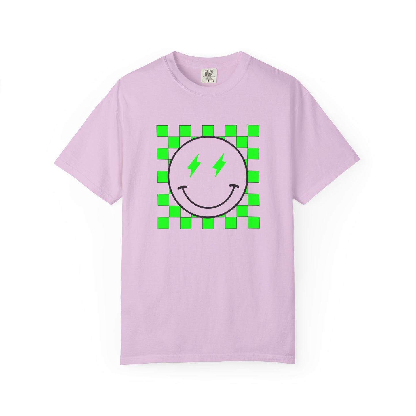 Checkered Smiley-Green Tee, Casual Everyday Wear, Fun Summer Top