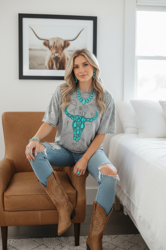 Turquoise Longhorn Tie Dye T-Shirt - Western Fashion for Turquoise Lovers