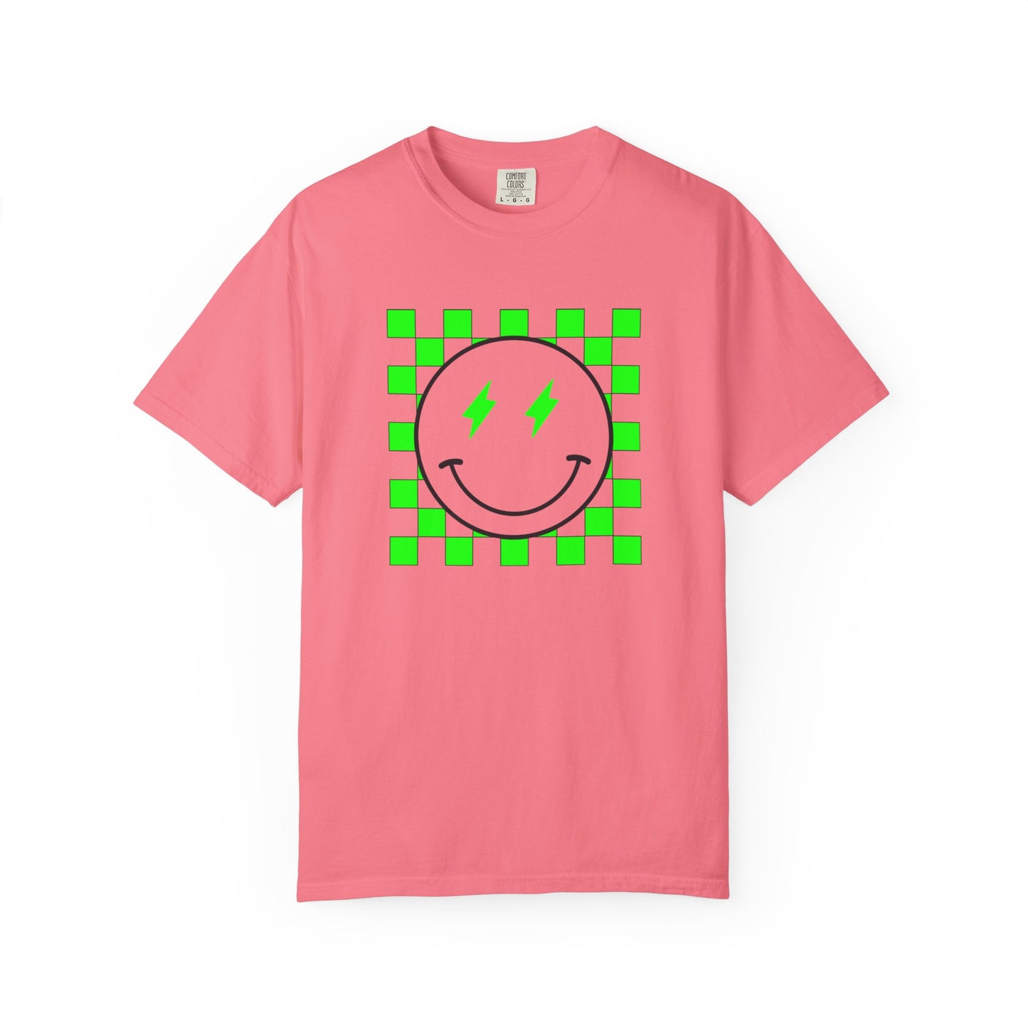 Checkered Smiley-Green Tee, Casual Everyday Wear, Fun Summer Top