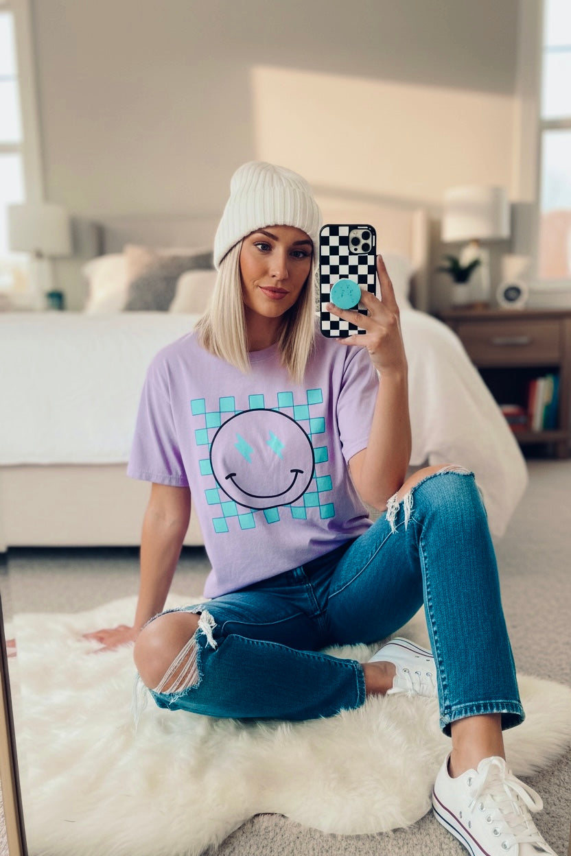 Turquoise checkered smiley Unisex Garment-Dyed T-shirt