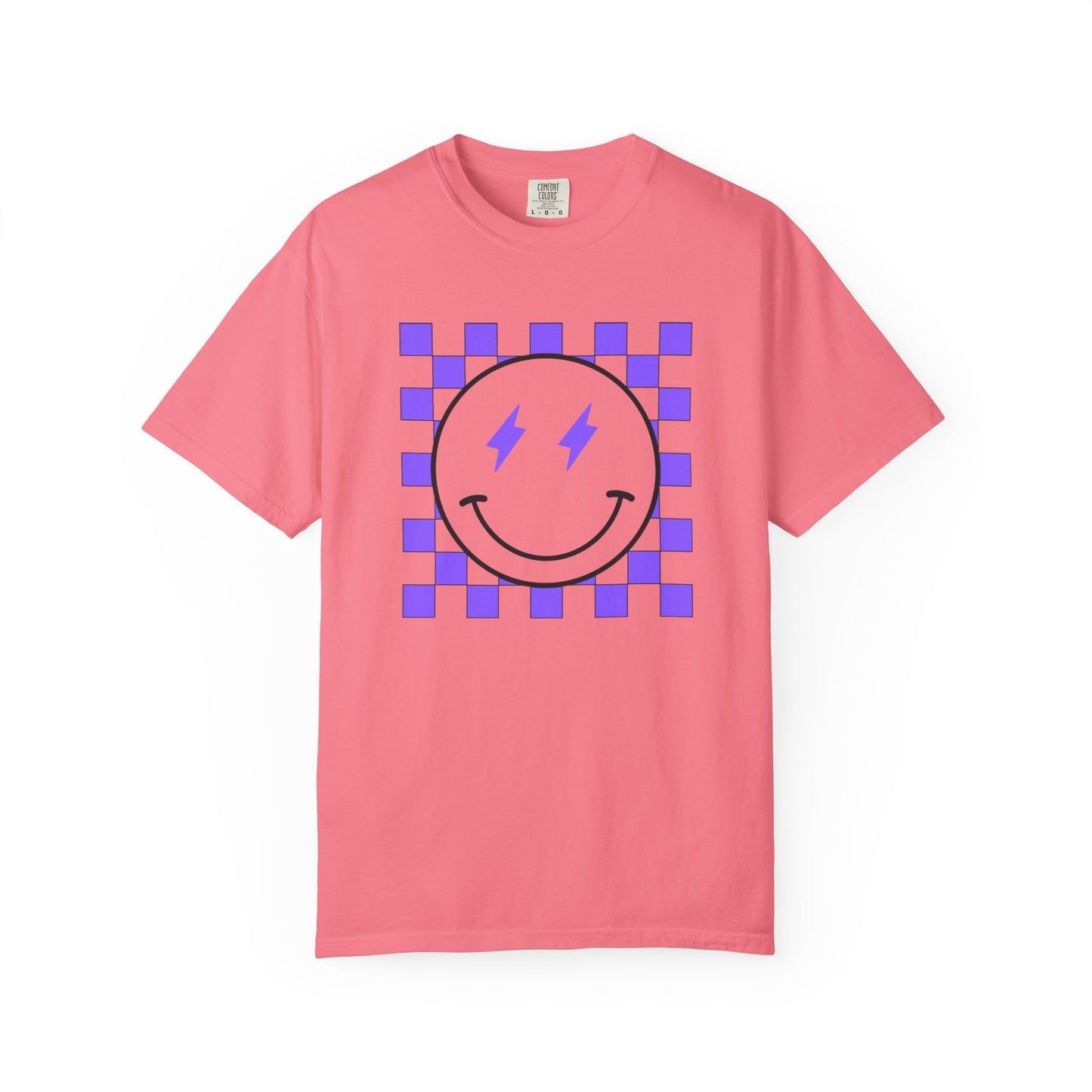 Checkered Smiley-Purple Tee, Casual Everyday Wear, Fun Summer Top