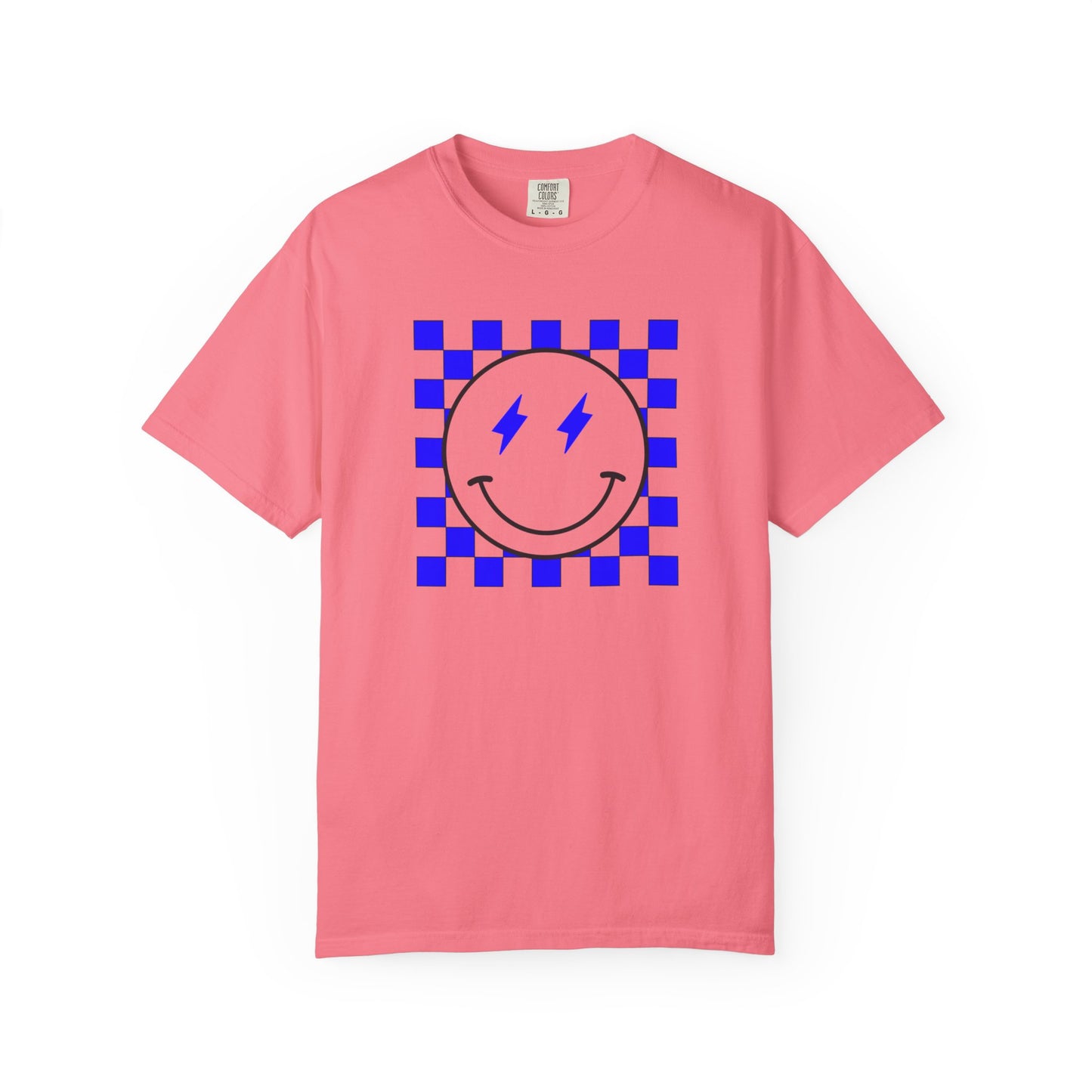 Checkered smiley-Blue Tee, Casual Everyday Wear, Fun Summer Top