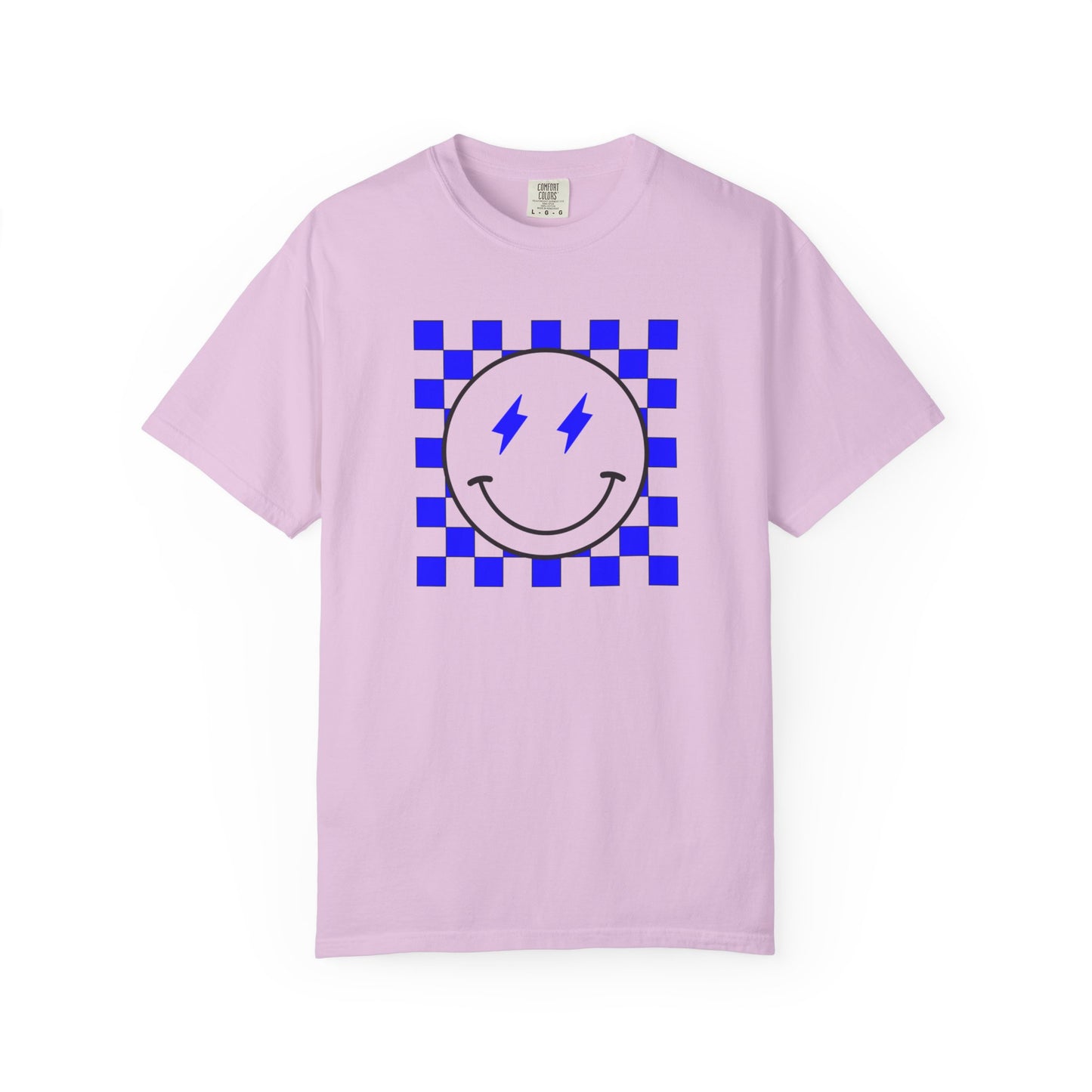 Checkered smiley-Blue Tee, Casual Everyday Wear, Fun Summer Top