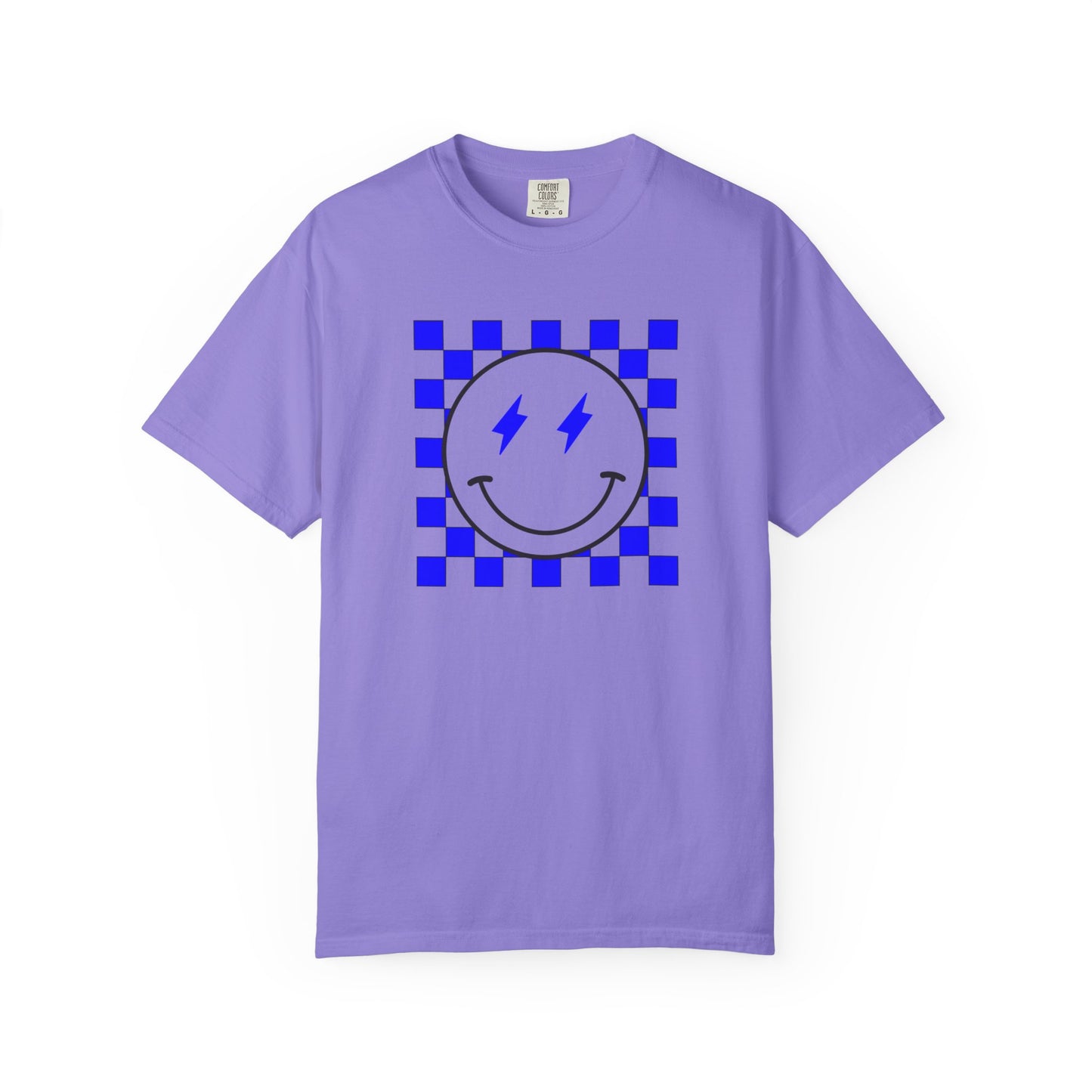 Checkered smiley-Blue Tee, Casual Everyday Wear, Fun Summer Top
