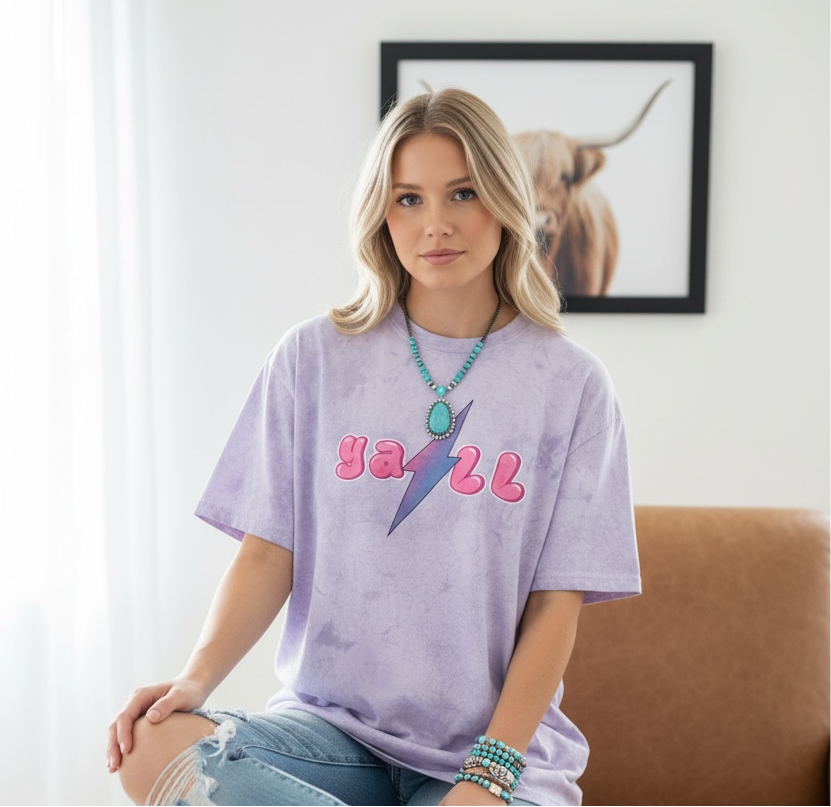 Vibrant 'Ya'll' Bubble Letter Tee with Lightning Bolt - Comfort Colors