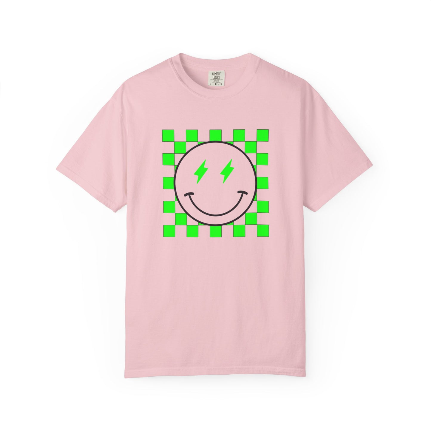 Checkered Smiley-Green Tee, Casual Everyday Wear, Fun Summer Top