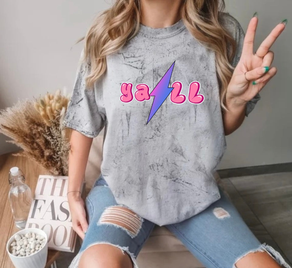 Vibrant 'Ya'll' Bubble Letter Tee with Lightning Bolt - Comfort Colors