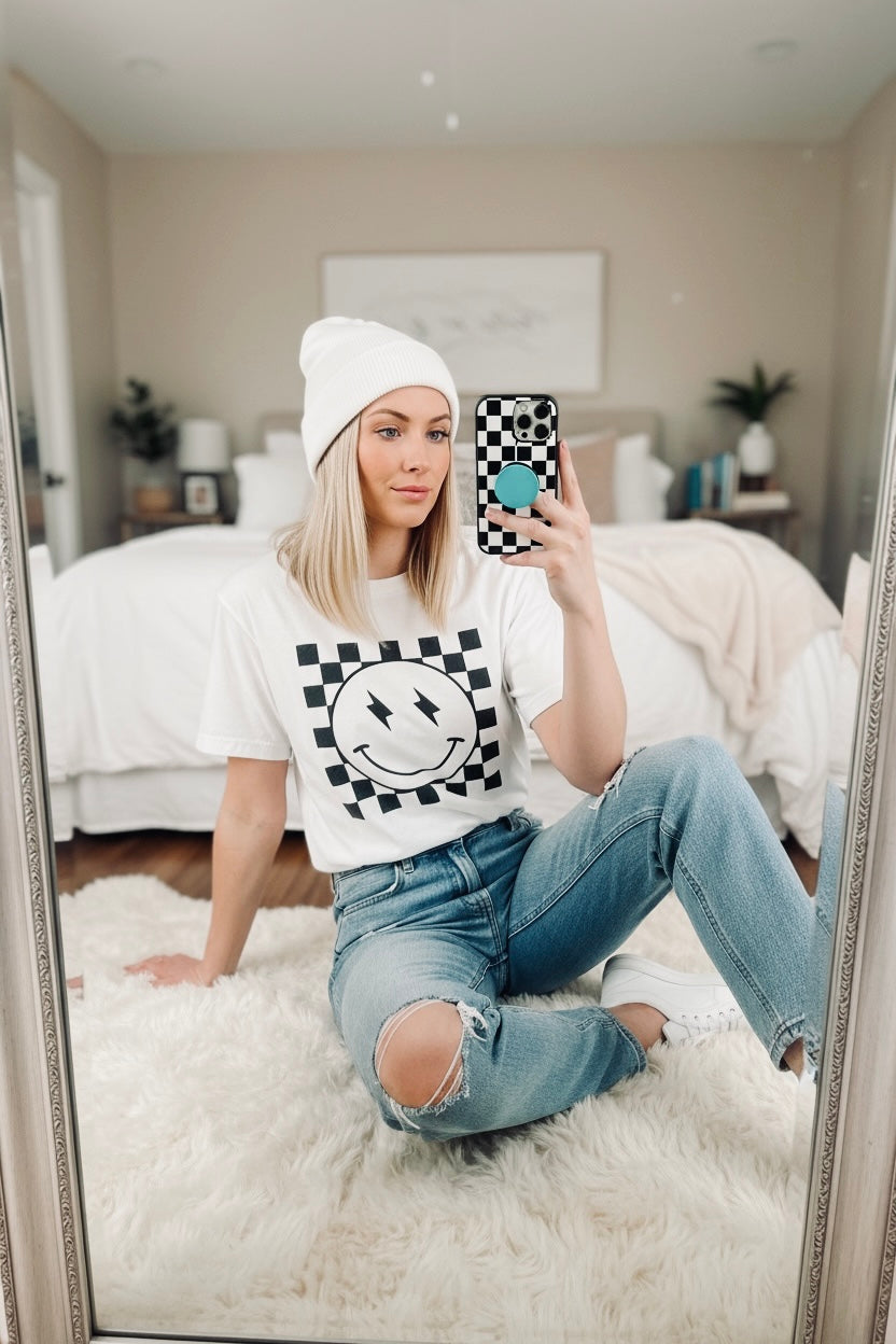 Black Smiley Graphic Tee | Unisex Garment-Dyed T-Shirt, Retro Style Tee, Casual Everyday Wear, Fun Summer Top