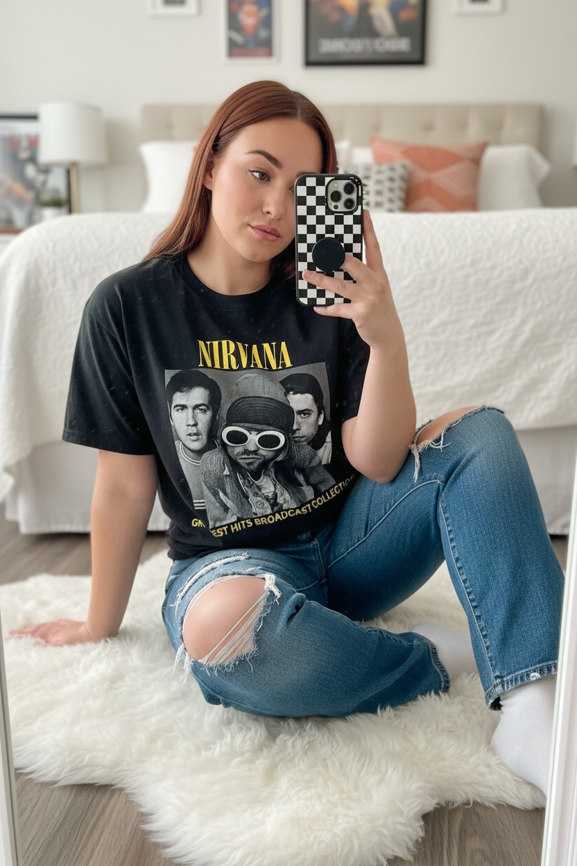 Nirvana Band Tee, Casual Everyday Wear, Fun Summer Top